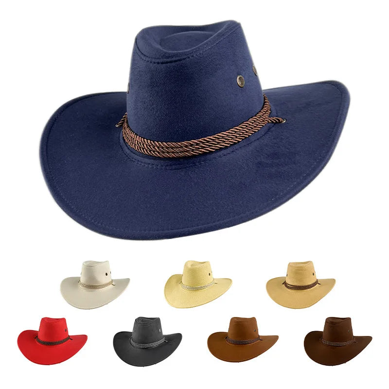 MADESHINE Wholesale New Suede Wide Brim Cowboy Fancy Dress Accessory Warped Edge Fadora Hats With String