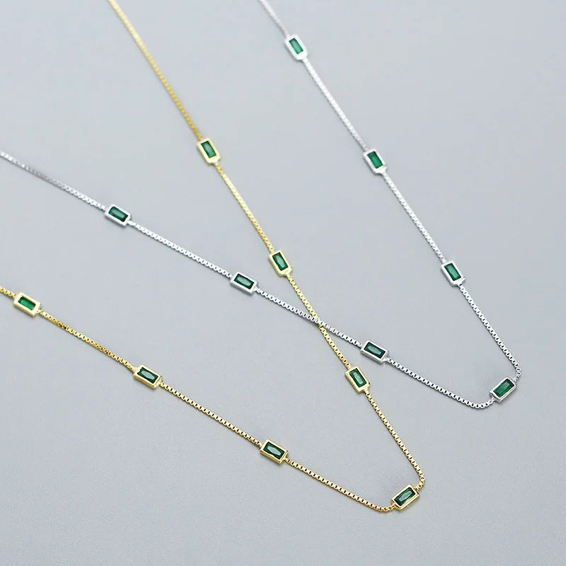French Style Luxury S925 Green Zircon Necklace 925 Silver Dainty Fashion Rectangular Zircon Necklaces for Women