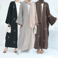 Mexizo 2024 Modest Dubai Elegant Women's Muslim Abaya Solid Linen Fabric with Moon Embroidery Open Style Plus Size