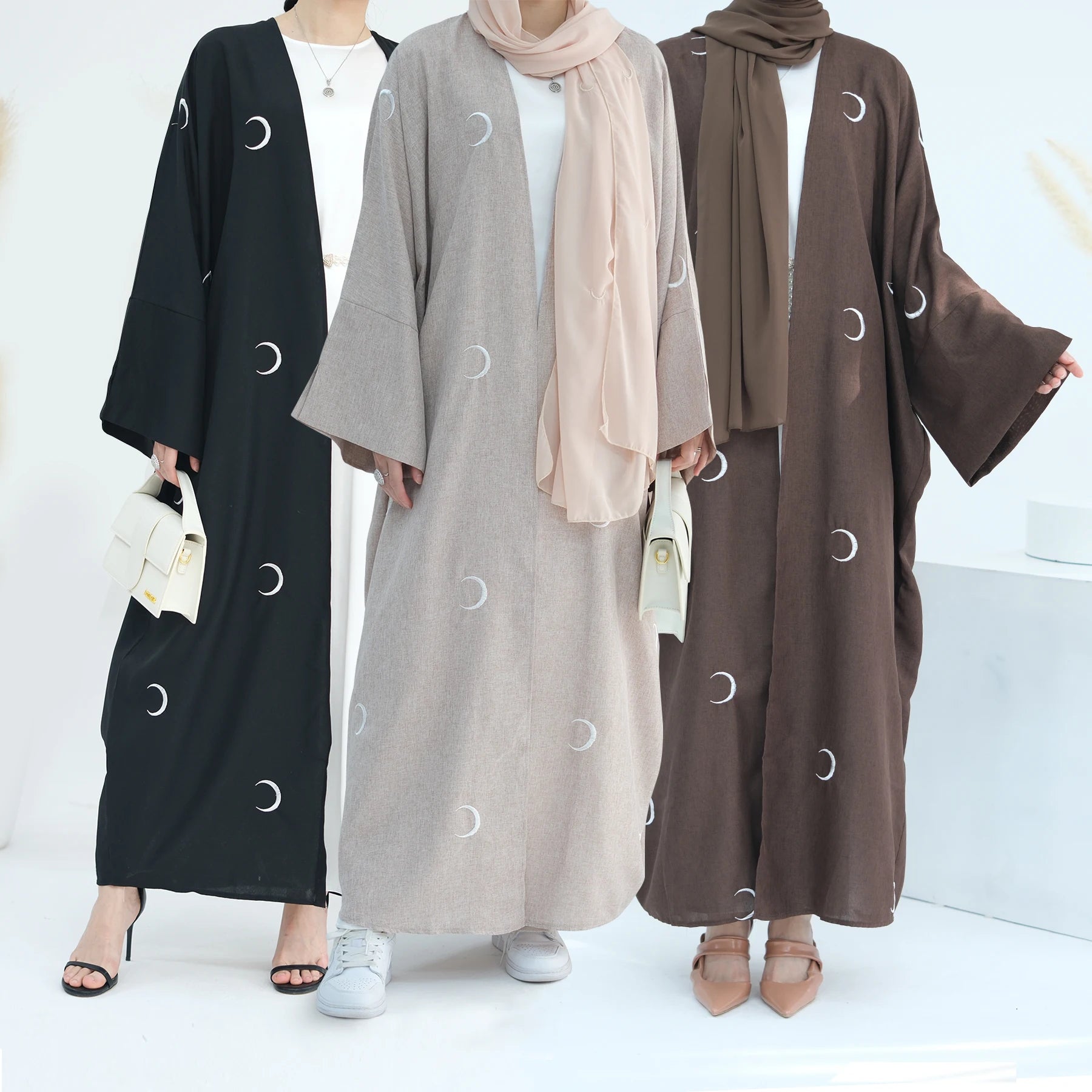 Mexizo 2024 Modest Dubai Elegant Women's Muslim Abaya Solid Linen Fabric with Moon Embroidery Open Style Plus Size
