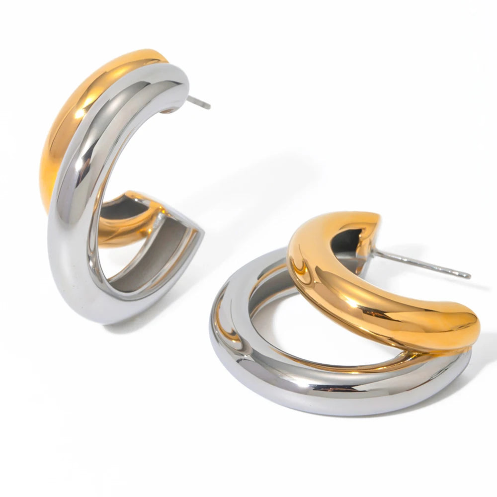 Minimalist Hypoallergenic Fashion Jewelry Mixed Color Stainless Steel Double Layered C-shaped Hoop Earrings for Women