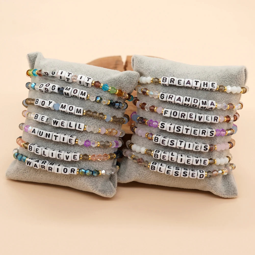 Go2boho 2025 Mother's Day New Stretch Jewelry Stack BOY&MOM Letter and Bright Crystal Beads Bracelets for Women Gifts for Mom