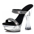 New14cm Open Toe Strip Catwalk Pole Dance Rhinestone Coarse Heel Platform Slippers Big Size Fashion Exotic Dancer Women Gothic