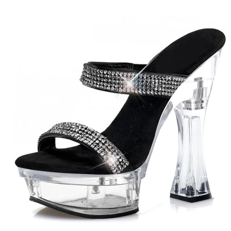 New14cm Open Toe Strip Catwalk Pole Dance Rhinestone Coarse Heel Platform Slippers Big Size Fashion Exotic Dancer Women Gothic
