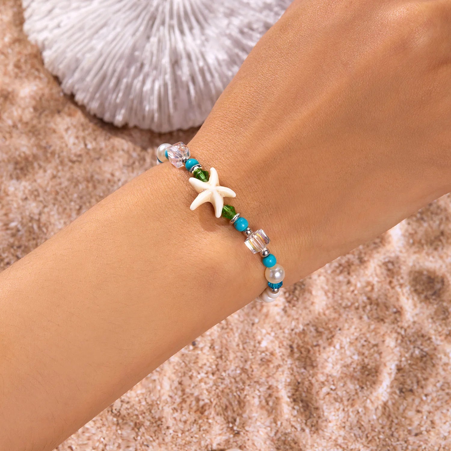 Hot Selling  Bohemian Style Elastic Fashion Bracelet  Summer Beach Ocean Pearl Starfish Turtle for Women