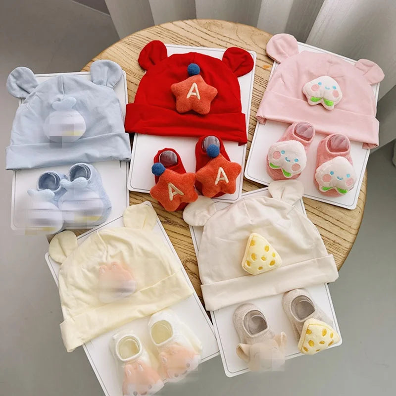 Wholesale High Quality Baby Hat And Socks Set Stereoscopic Ears Cotton Baby Hat Unisex Solid Color Cotton Baby Socks Set