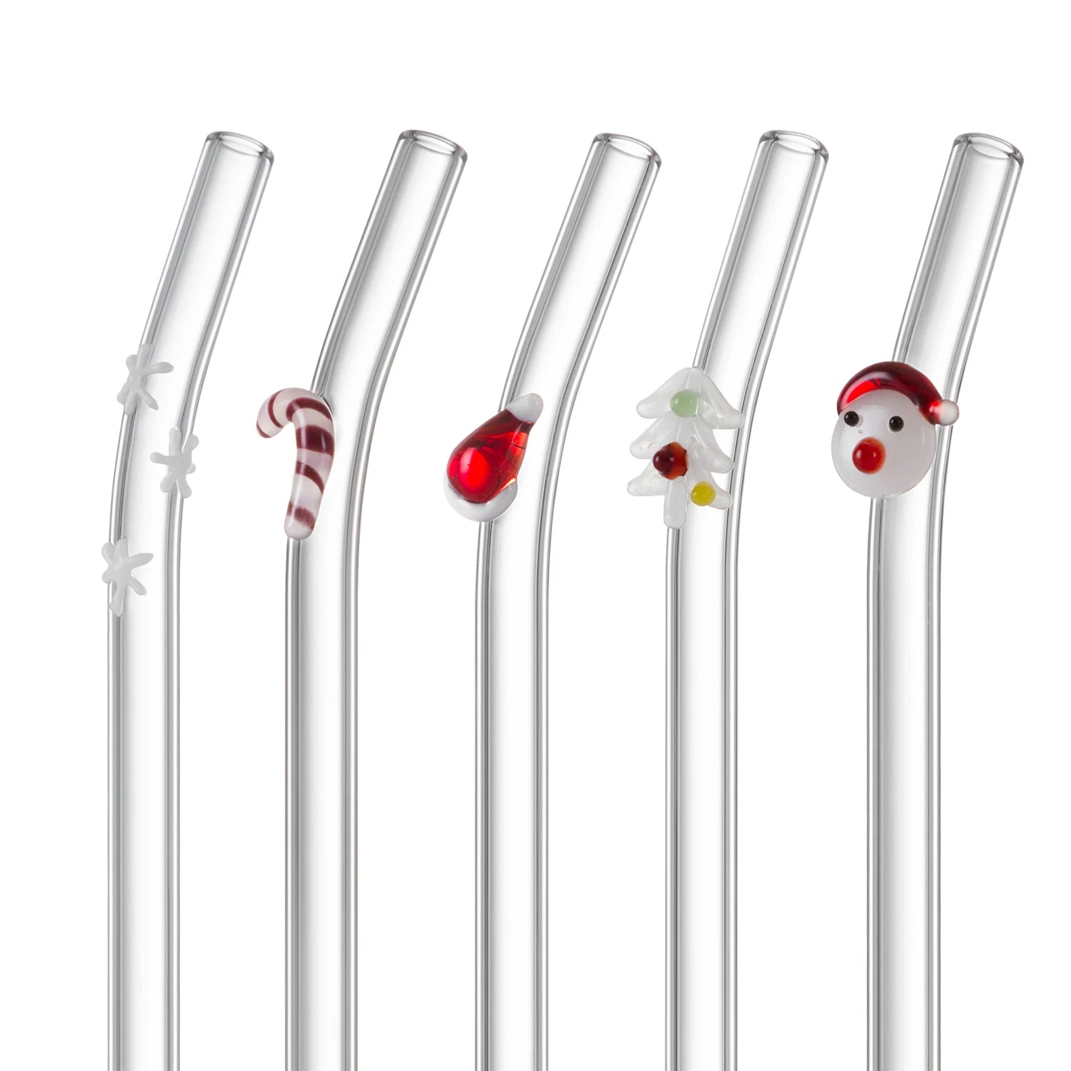 6 Pack Reusable Gift Bent Drinking Cute Art Colorful Star Letter Heart Christmas Snow Candy Cane Clear Tree Glass Straw Set