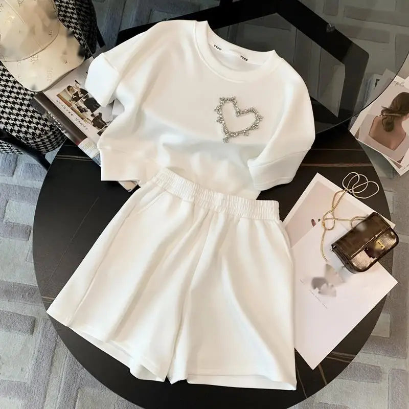 Summer New Diamond Embellished Sports Plus Size Women's Clothing Ladies Loose Slim Casual t Shirt Shorts Two Piece Women Sets