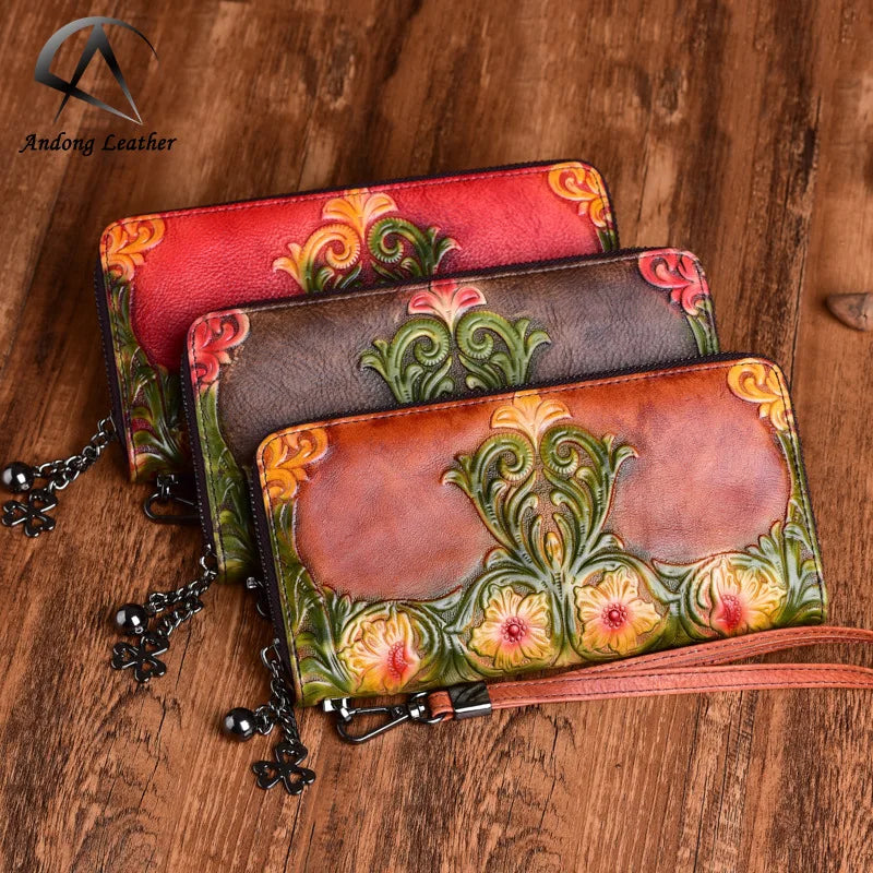 Andong Women's Wallet Genuine Cowhide Vintage Embossed Long Clutch Purse Phone Bag Genuine Cow Leather