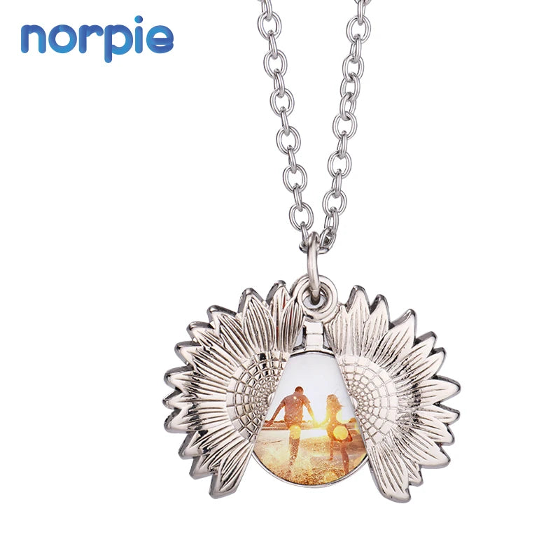 Wholesale Antique Gold Silver Open Locket You Are My Sunshine Sunflower Pendant Sublimation Necklace for Women