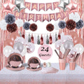 Rose Gold Birthday Party Decor Cutlery Set Serving 24 Guest Parties Serving Women's Plate Napkins Cup Tablecloth Birthday Banner