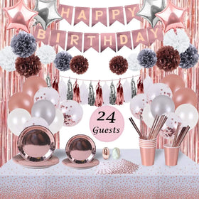 Rose Gold Birthday Party Decor Cutlery Set Serving 24 Guest Parties Serving Women's Plate Napkins Cup Tablecloth Birthday Banner