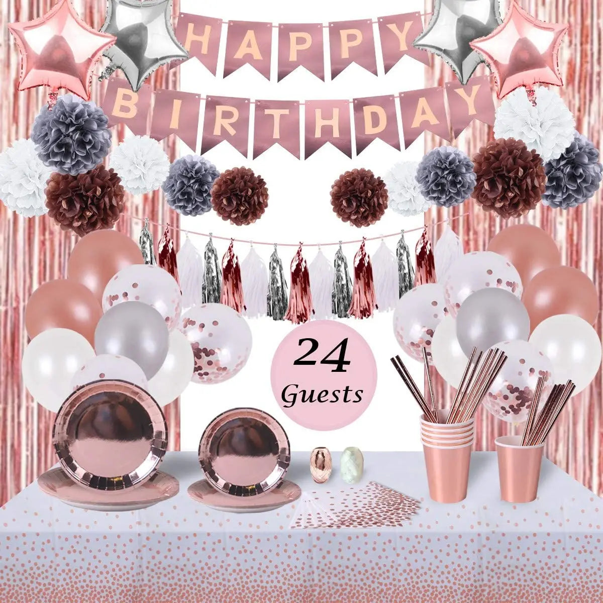 Rose Gold Birthday Party Decor Cutlery Set Serving 24 Guest Parties Serving Women's Plate Napkins Cup Tablecloth Birthday Banner
