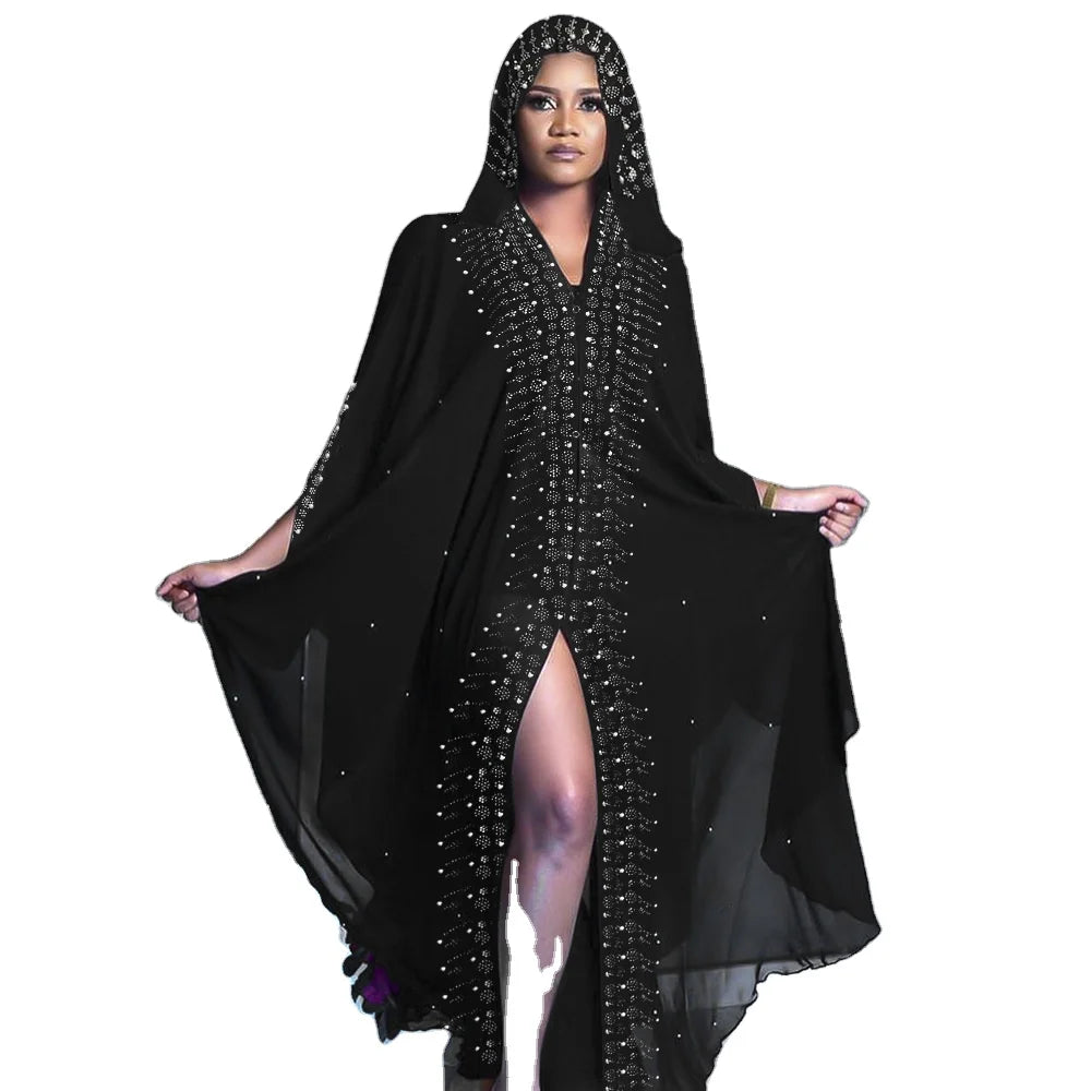 2024 One Size Hot Diamond studded Embroidered Lace Muslim Dress African Large Women's Hooded Robe