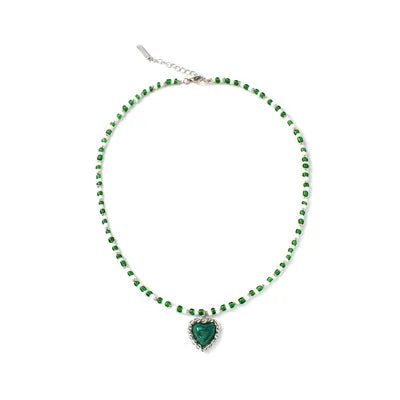 Custom Stone Beaded Green Mix White Chokers Crystal Heart Pendants Necklace for Women