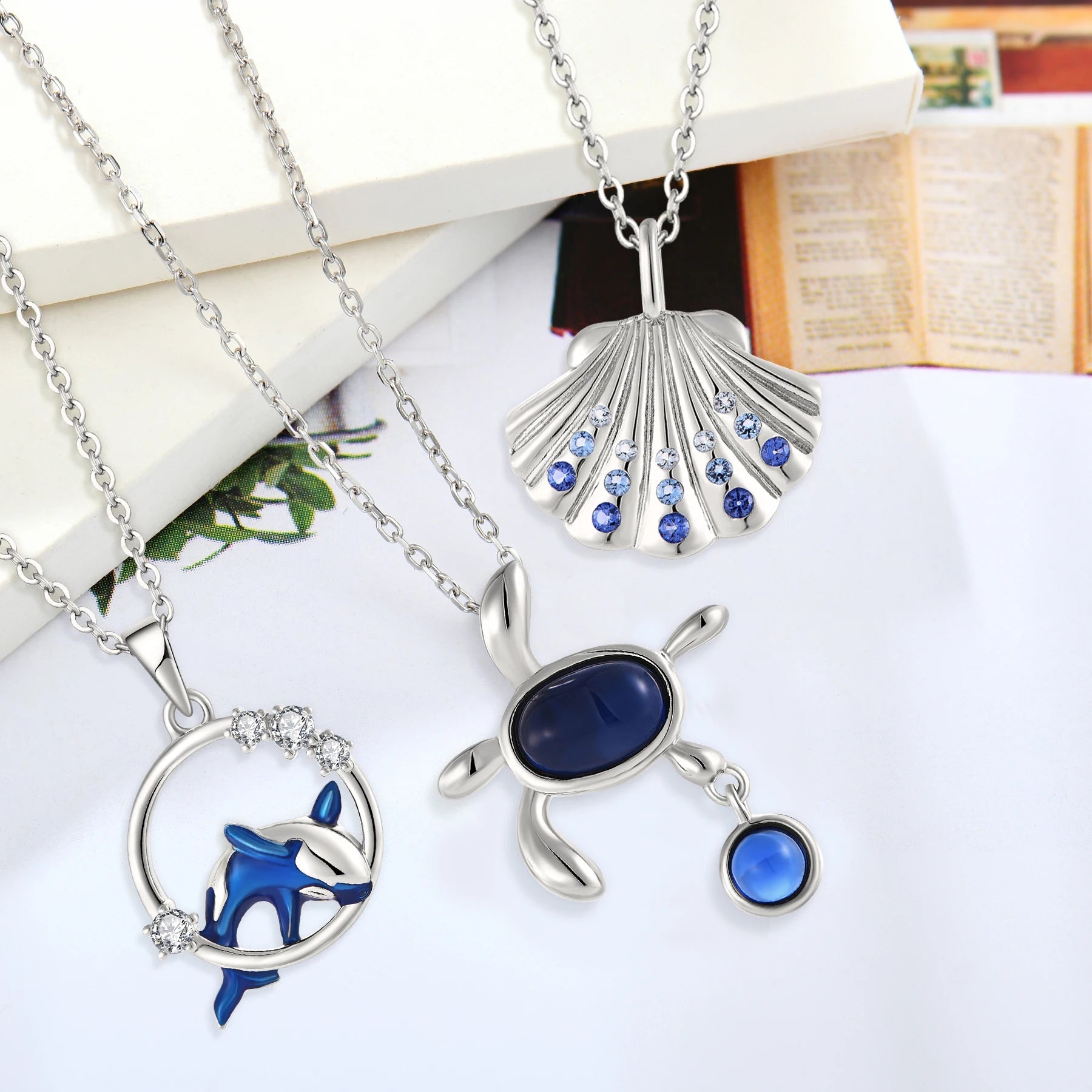 Yh Jewellery Elegant Women 925 Sterling Silver Summer Jewelry Platinum Plated Blue Cubic Zirconia Shell Sea Pendant Necklace