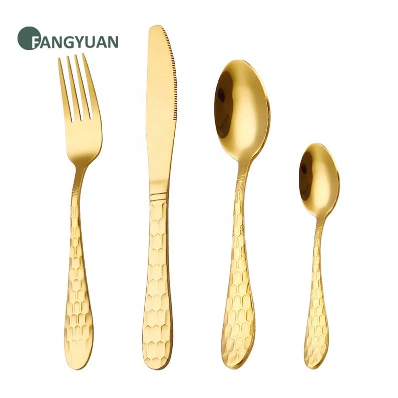 Hammered Water Cube Handle Golden Mirror Eating Cutlery Set Silver Flatware