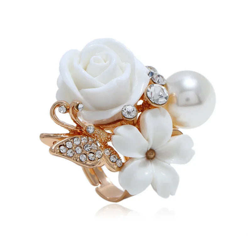 Fashion Religious Rhinestone Inlaid Alloy Pearl Personalized Rose Ring