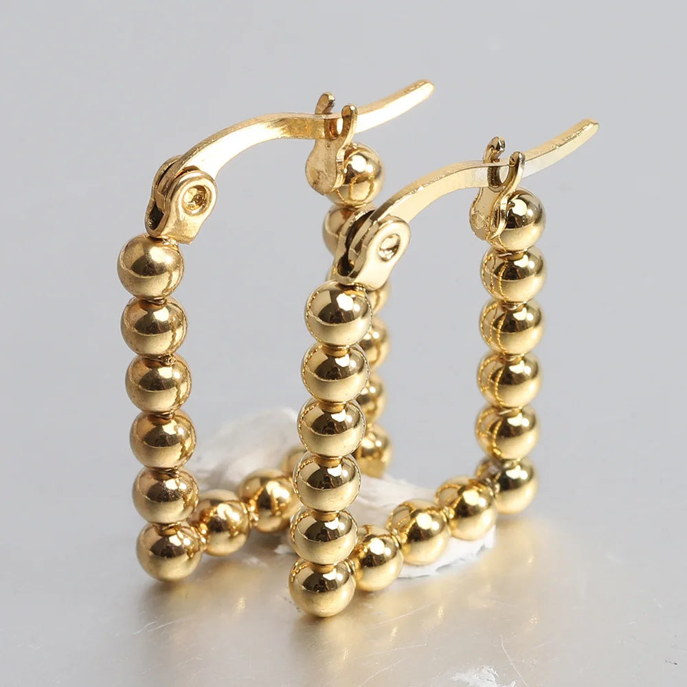 Tarnish Free Jewelry Stainless Steel Bead Earring Tarnish Free Jewelry 18K Gold Plated Square Beaded Earring for Women