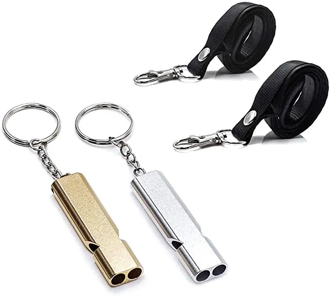 Custom Logo Metal Double Tubes Keychain Survival Emergency Whistle with Lanyard for Outdoor Gift Promotion