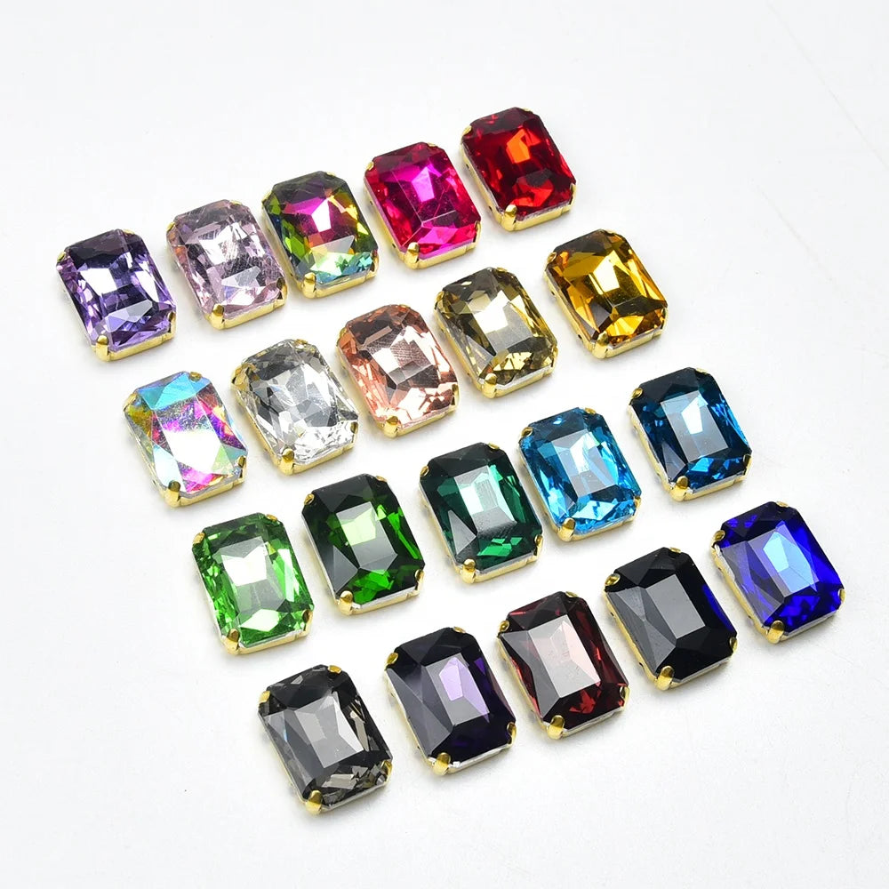 Gold Claw Rectangular Octagonal Rhinestone Sew on Glass Crystal Diy Jewelry Clothing Wedding Dress Accessories