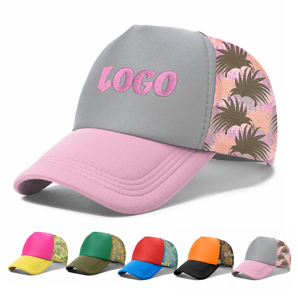 Custom Floral Full Print Embroidery Logo Trucker Hats Solid Foam Mesh Snap Back Adjust 5-panel Mesh Baseball Sport Caps