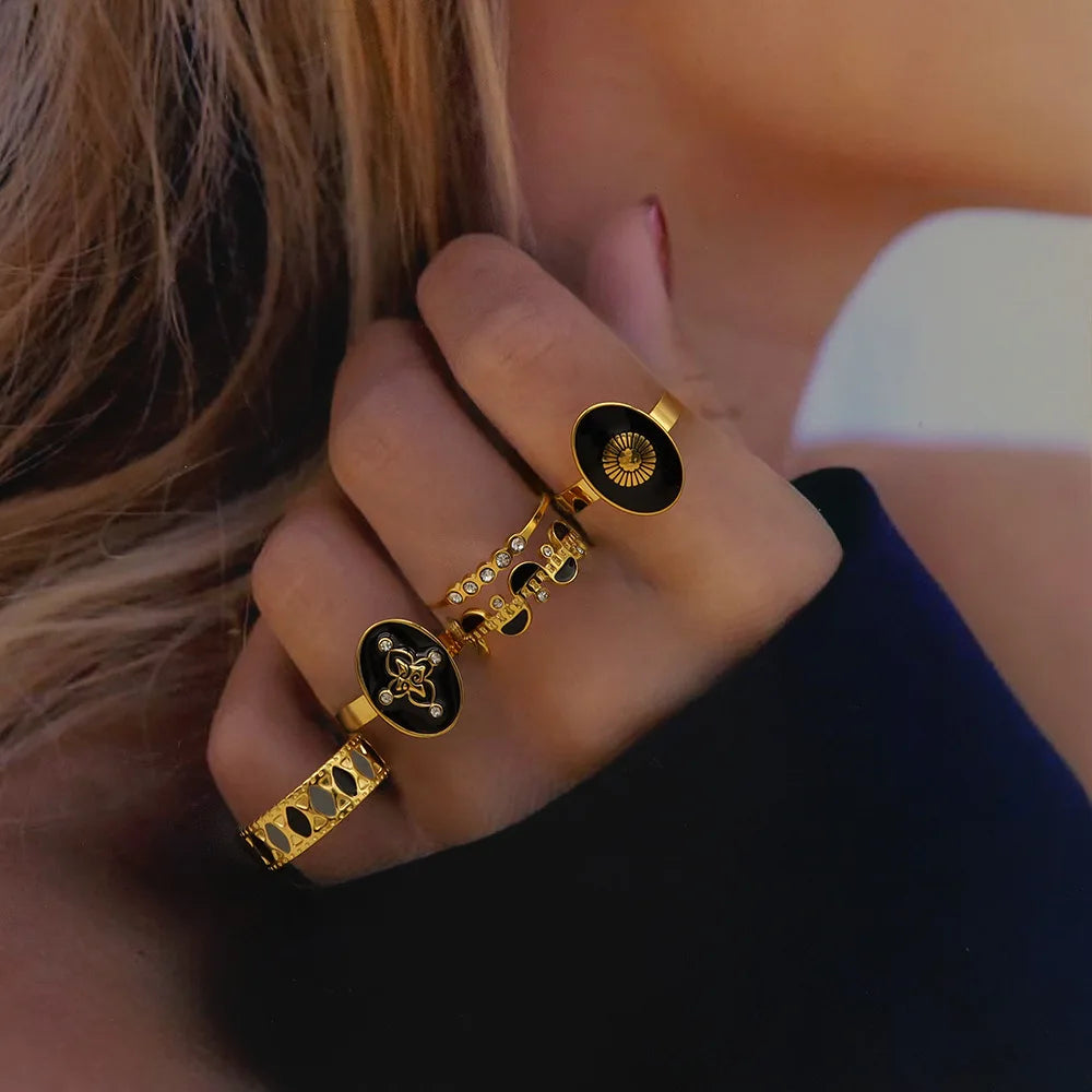 Popular Ins Style 18k Gold-plated Stainless Steel Ring Fashionable Simple Personality Geometric Black Versatile Jewelry Ring