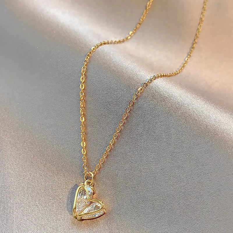 Collar De Acero Inoxidable Stainless Steel Gold Plated Full Diamond Zircon Sparkling Heart Charm Necklace Women Jewelry