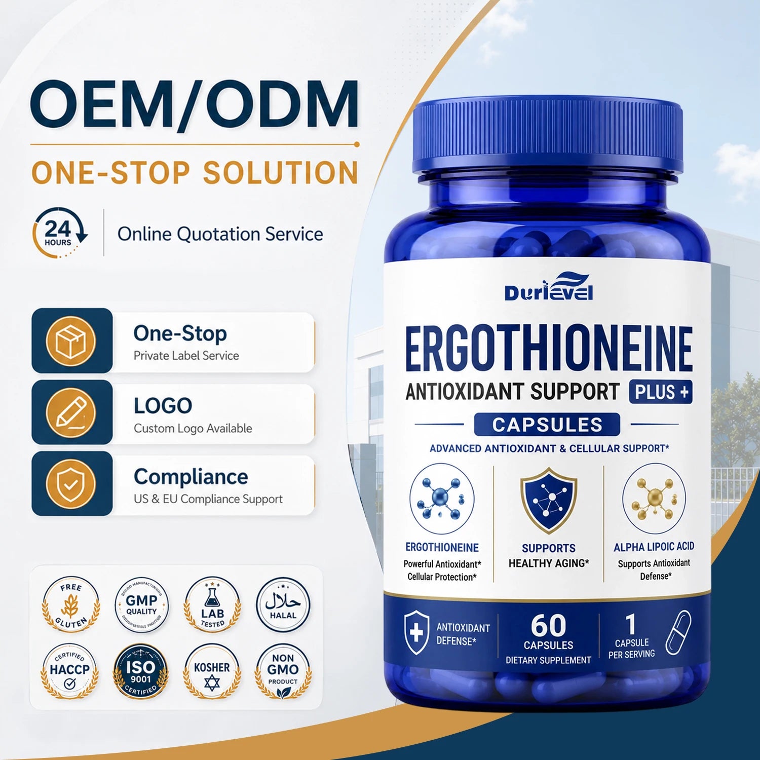 Pure Vegan Origin Ergothioneine Capsules OEM Private Label Bulk Wholesale GMP ISO Factory Sugar Free Daily Nutrition Blend