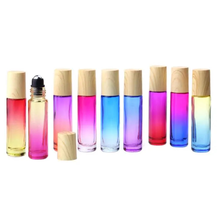 In Stock 10ml Gradient Ombre Glass Roll on Bottle With  Wood Grain Cap Perfume Essential Oil Bottle