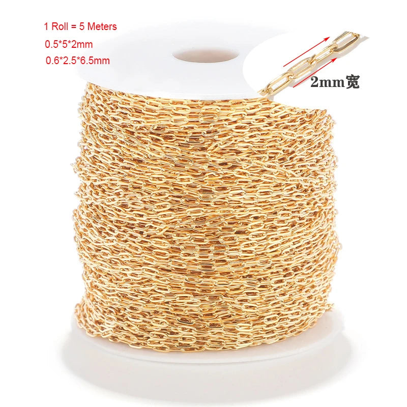 Diy Bulk Stainless Steel 18K Gold Hollow Cable Paperclip Rolo Chain Spool Rectangle Link Chain for Necklace Bracelet Diamond