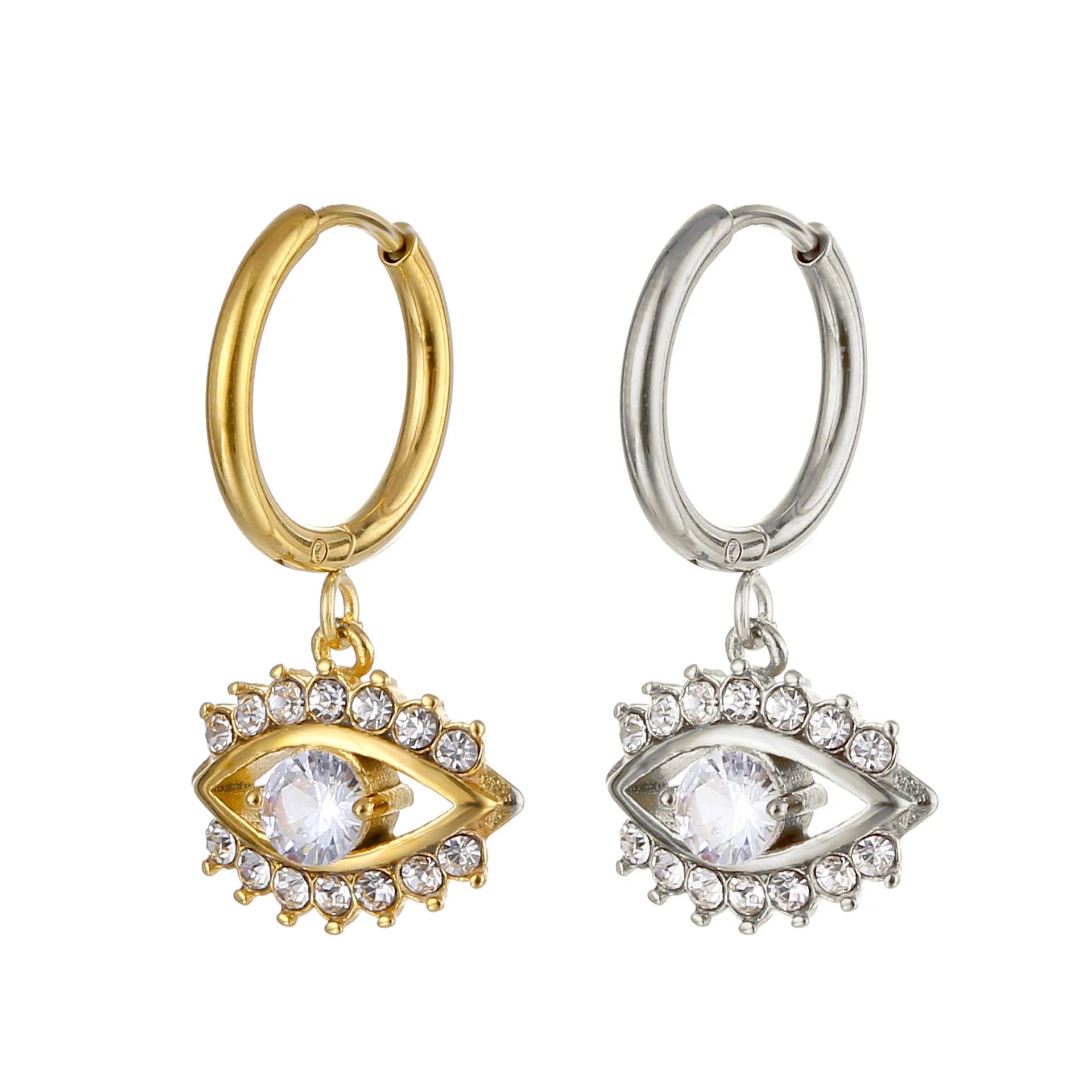 Dainty Crystals Evil Eye Huggie Hoop Dangle Earrings Women Hypoallergenic 18K Gold Plated White Blue Cubic Zircon Eye Earrings