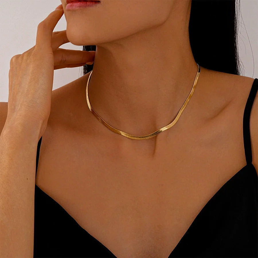 Trendy Design 18K Gold Plated Jewelry Stainless Steel Chain Flat Snake Chain Necklace with Heart Charm Women Charm Necklaces