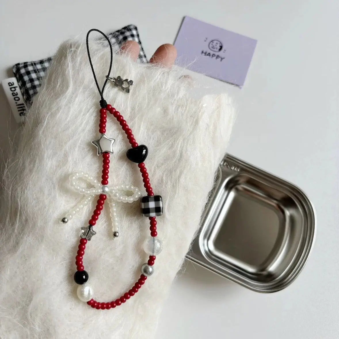 Handmade New INS Style Red Beaded Star Heart Pearl Bowknot Decor Fashionable Mobile Phone Accessory Durable Plastic Material