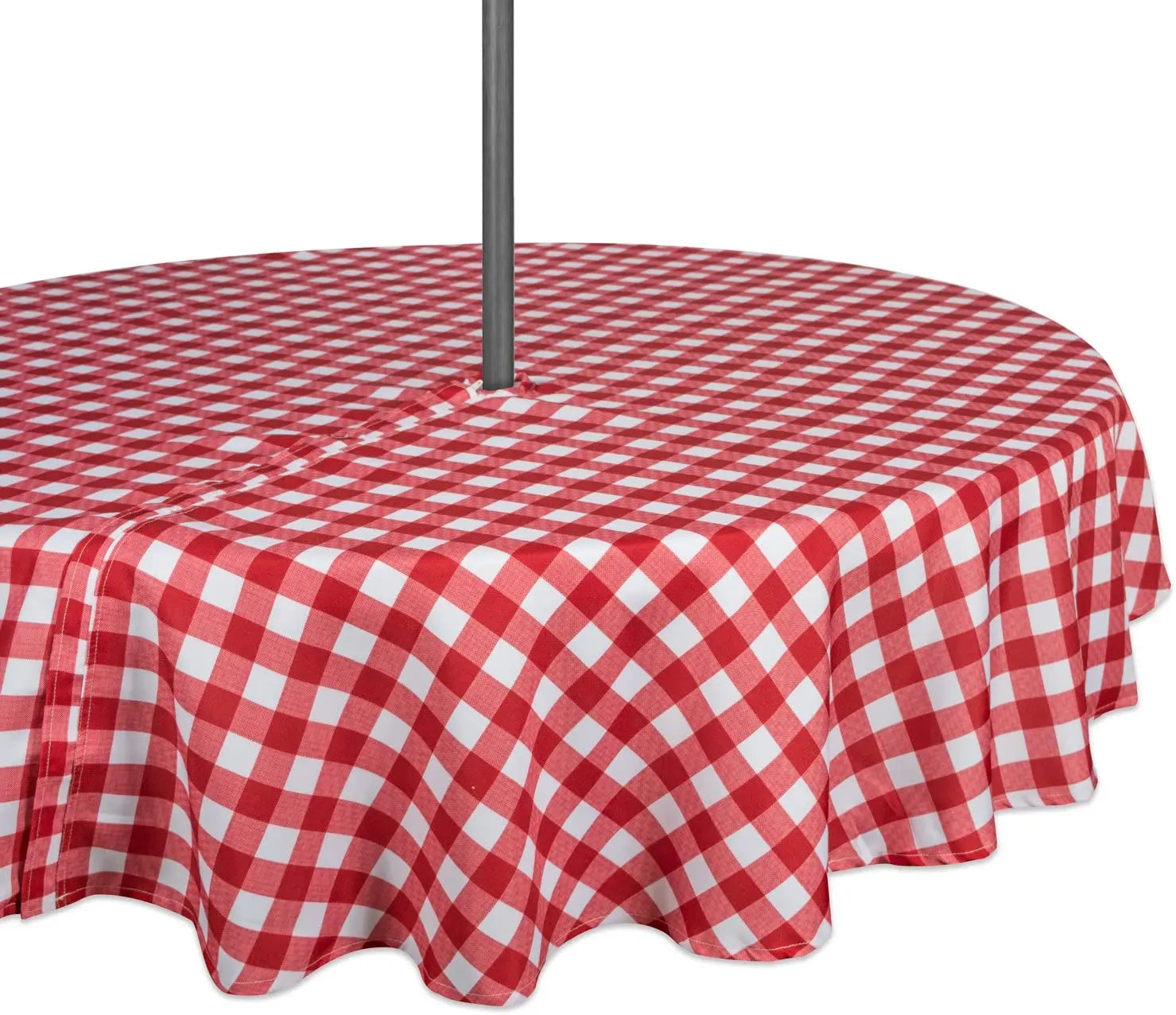 60"R Polyester Water Repellant Check Outdoor Tablecloth With Zipper and Umbrella Hole Round Red Tablecloth