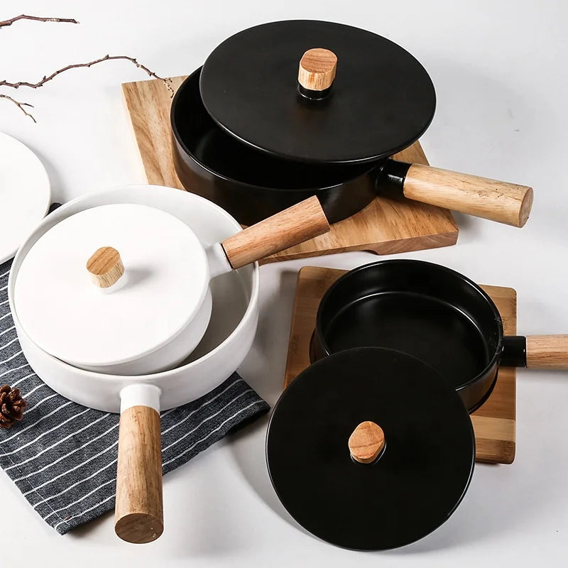 New Western-style Open Flame Ceramic Pot with Wooden Handle Household Baking Baking Plate Casserole