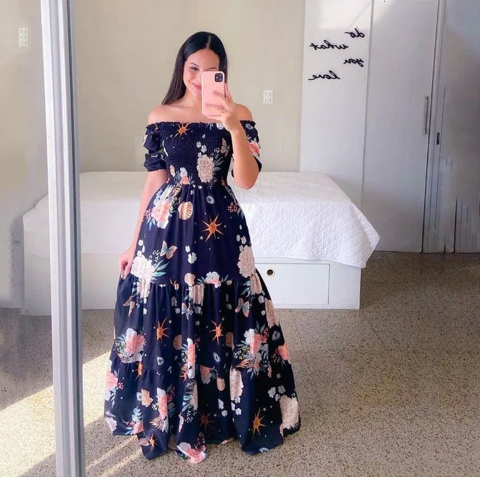 2023 Women High Quality Summer Sexy off Shoulder Long Dress Wrap Plus Size Floral Printed Maxi Beach Boho Dress
