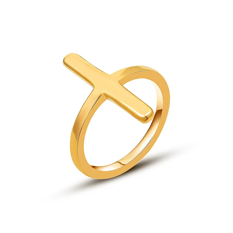 MARONEW Classic Slim Design 18K Gold Plated Stainless Steel Cross Ring for Women Men Unisex Customizable