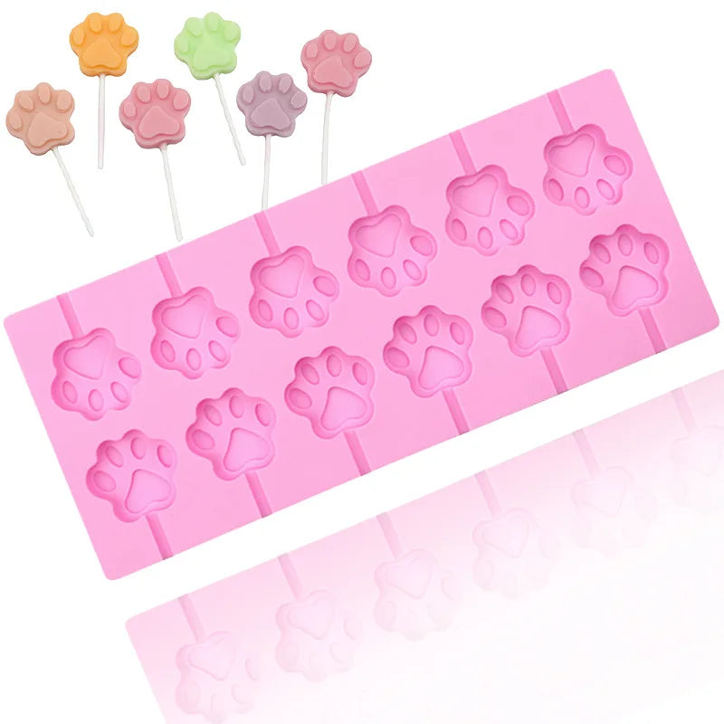 12 Cavity Eco-Friendly Silicone Lollipop Mold with Paw Flower & Fruit Candy Bar Shapes-DIY Cake Tools