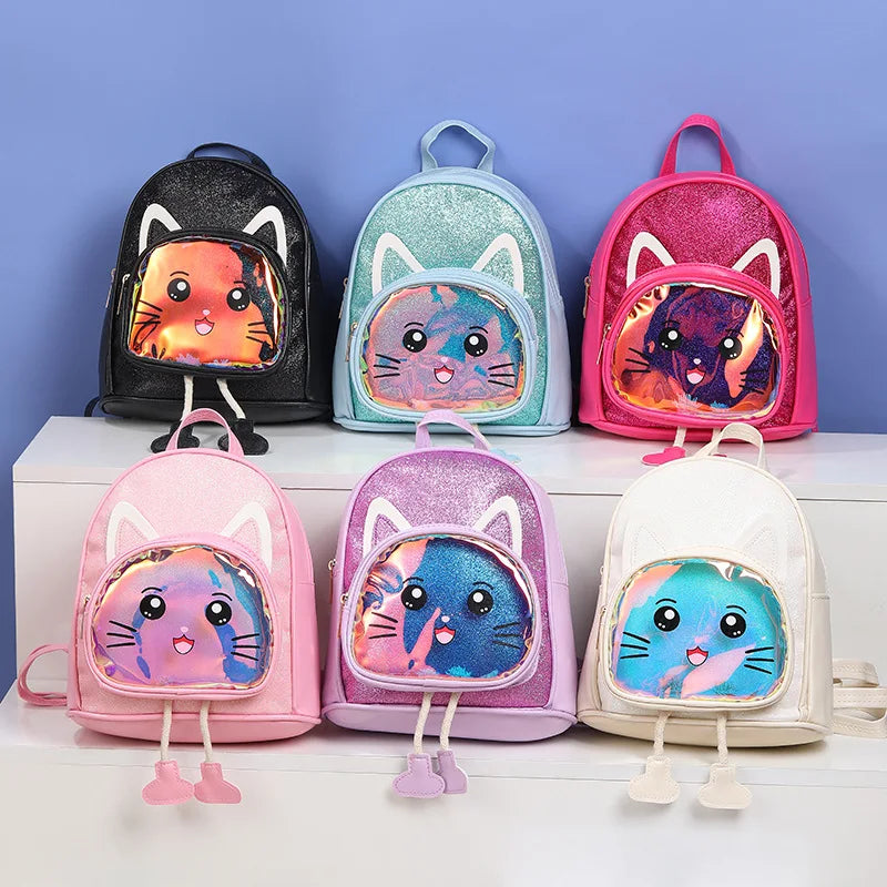 3D Cartoon Cat Luminous  Women Backpack Animals Design Waterproof Pu Leather Sequin Kindergarten Kids School Bags