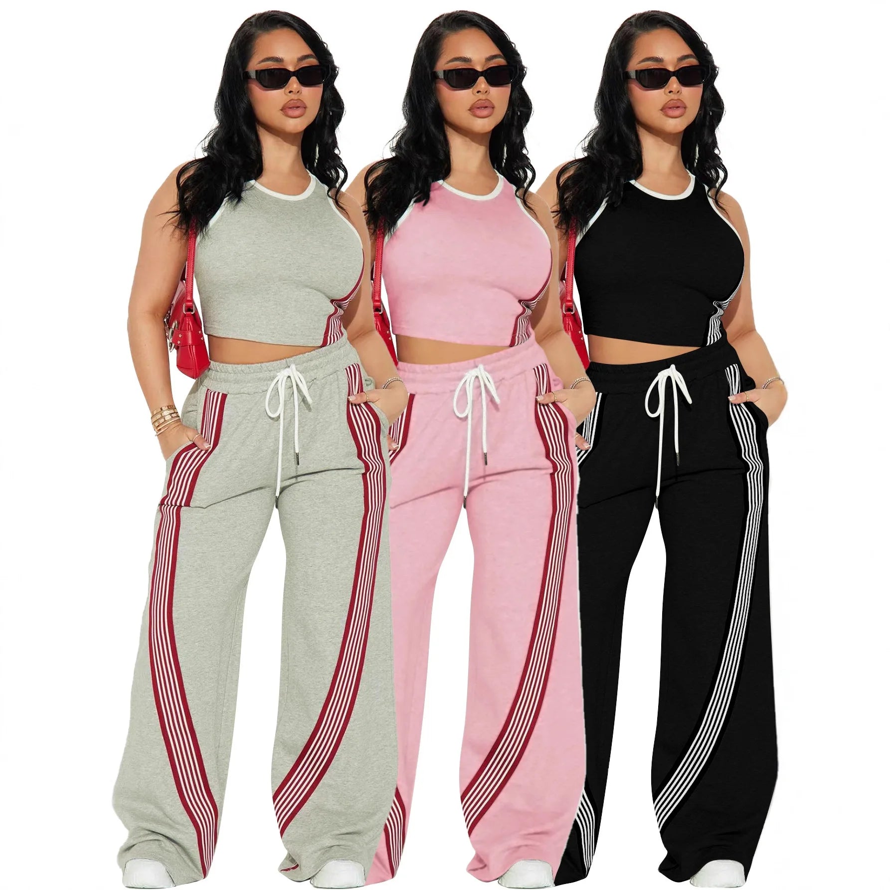 Women's Striped Sleeveless Crop Tank Top & Wide Leg Pants 2-Piece Casual Tracksuit