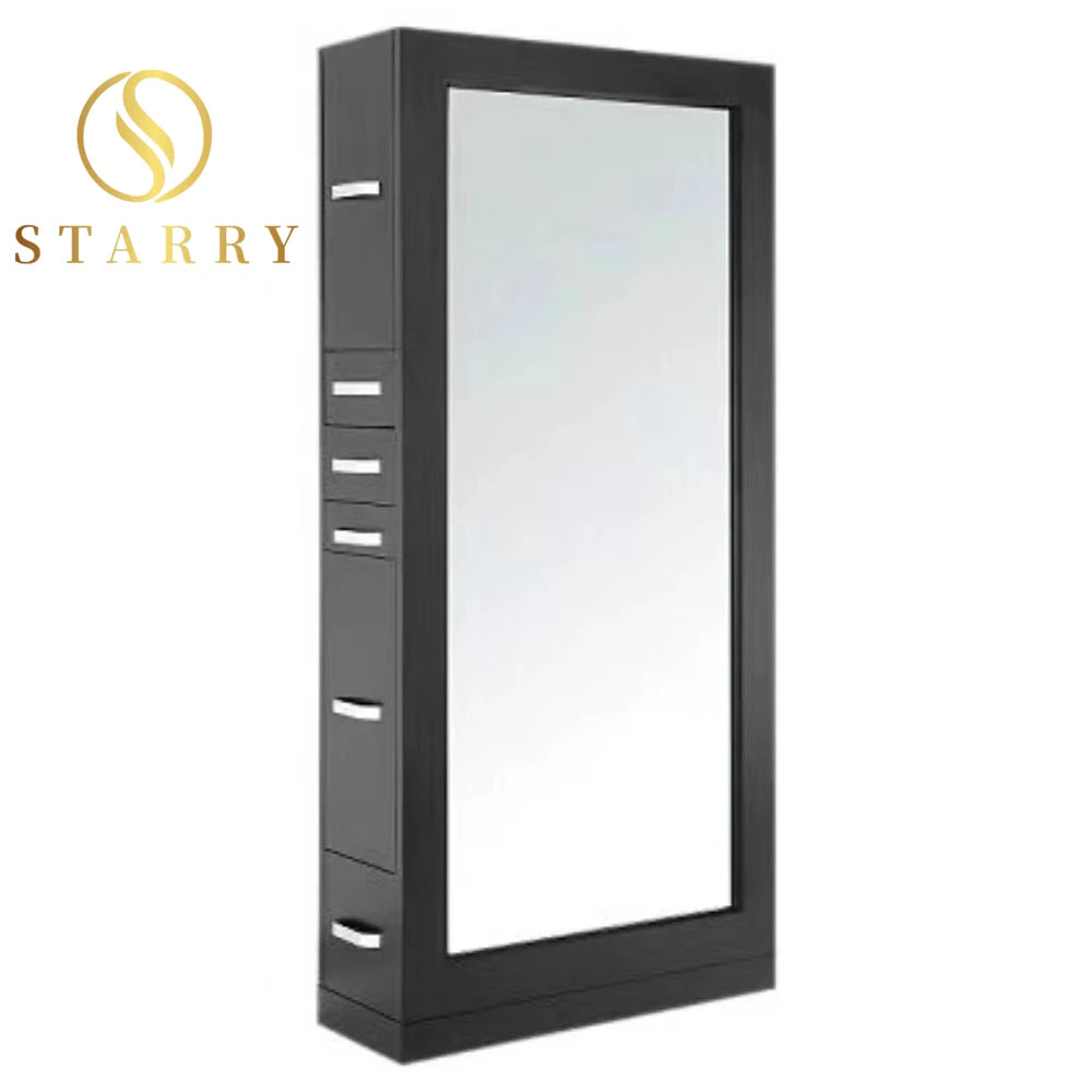 Modern Double Sided Black Wood Salon Mirror Station with White LED Light Custom Size for Apartment Mall & Hotel Use
