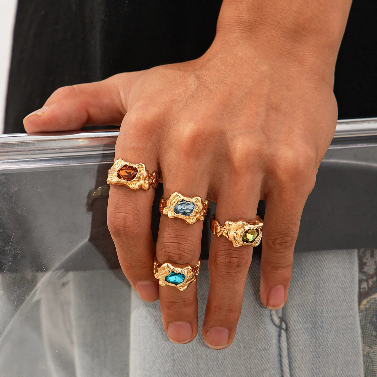 New Style Fashionable 18k Gold Plated Beat Pattern Color Stone Adjustable Ring for Woman