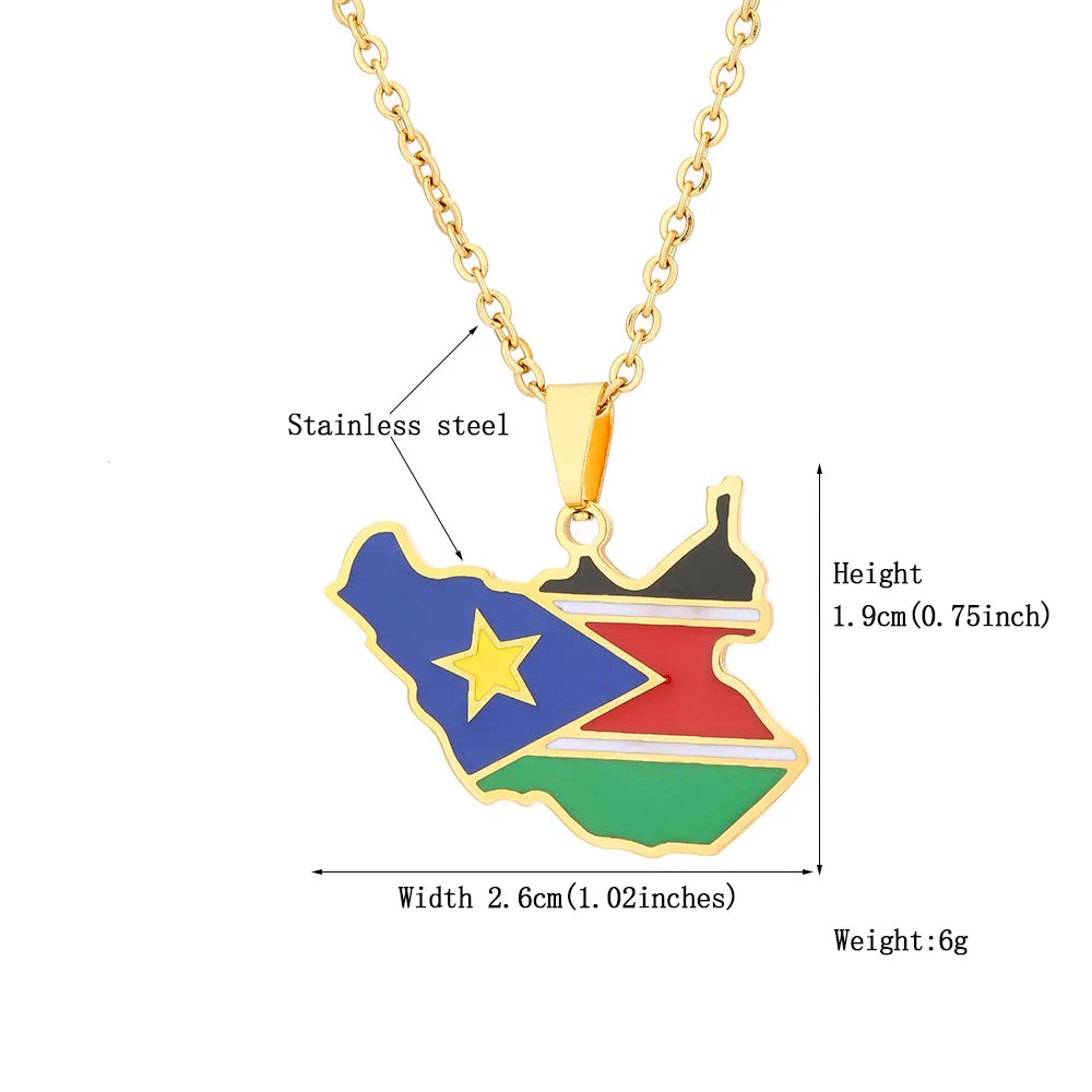 BINSHUO Wholesale Custom Stainless Steel Jewelry Drop Oil Nation South Sudan Map Flag Men Pendant Charm Couples Necklace Women