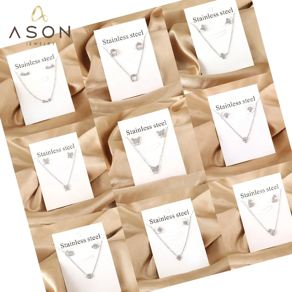 Ason New Fashion Bridal Gold Stainless Steel Zircon Butterfly Star Heart Pendant Necklace and Earrings Jewelry Set for Women