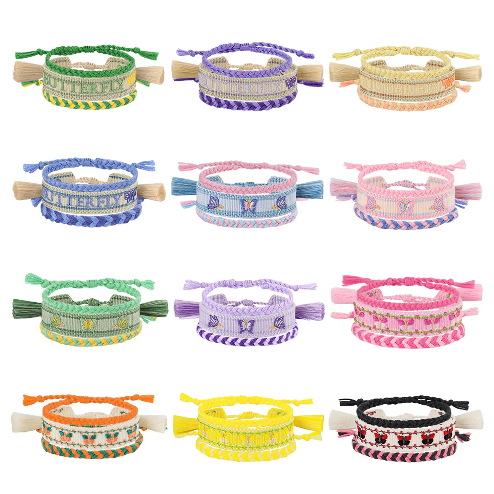 24Packs Butterfly Embroidery Bracelet Handmade Tassel Herringbone Braided Rope Girls Mens' Wristband for Anniversary Gifts