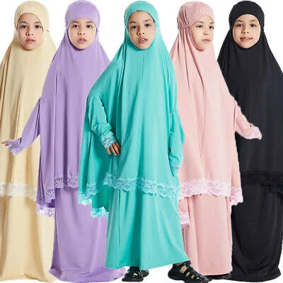 Modest Muslim Kids Set 2 Pieces Jilbabs Girls Prayer Dress Abaya Khimar Hijab Skirt Suit for Children CD0020