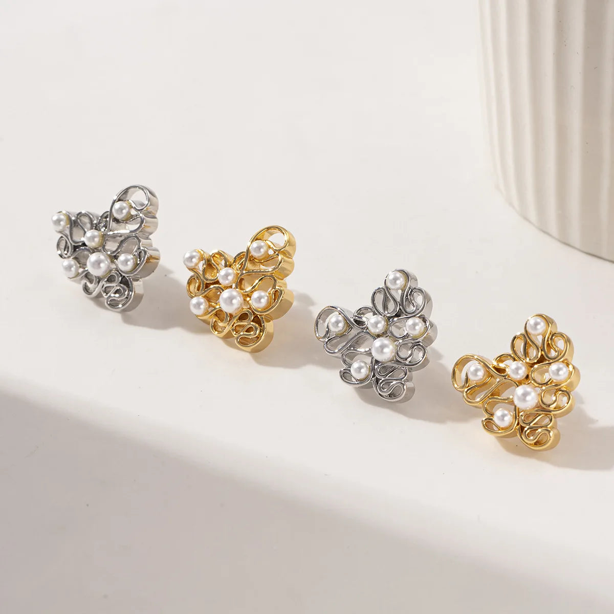 Wholesale New Gold-plated Stainless Steel Geometric Hollow Pearl Earrings for Women's High-end Waterproof and Non Fading Jewelry