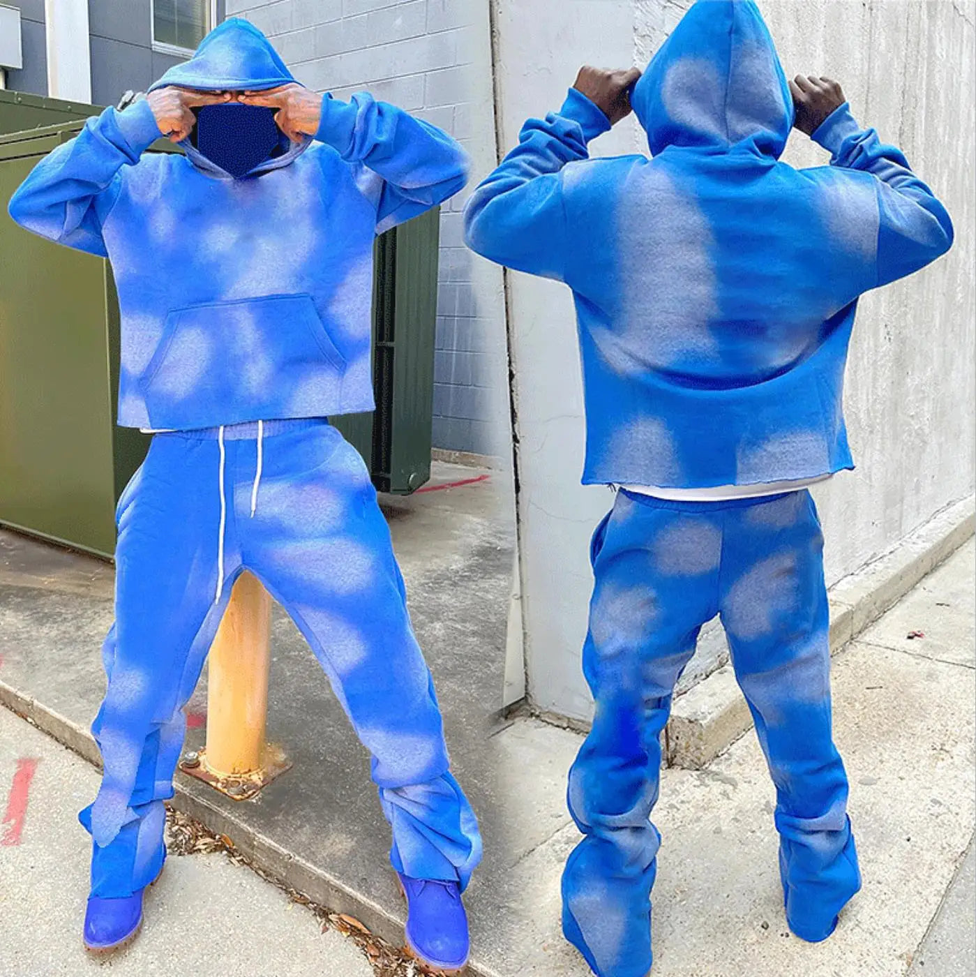 OEM Custom Embroidery Logo Two Piece Acid Washed Sweatsuit Distressing Sweatpants and Hoodie Set Sun Faded Tracksuits for Men