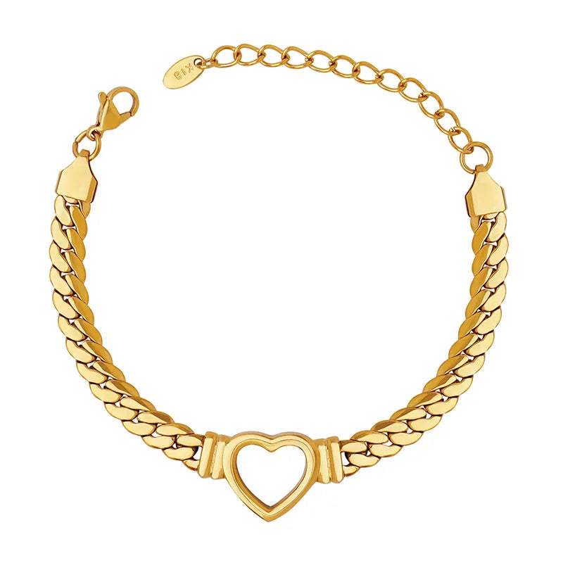High End Gold Plated Stainless Steel Hip Hop Hollow Heart Cuban Chain Bracelet for Women Wholesale Jewelry